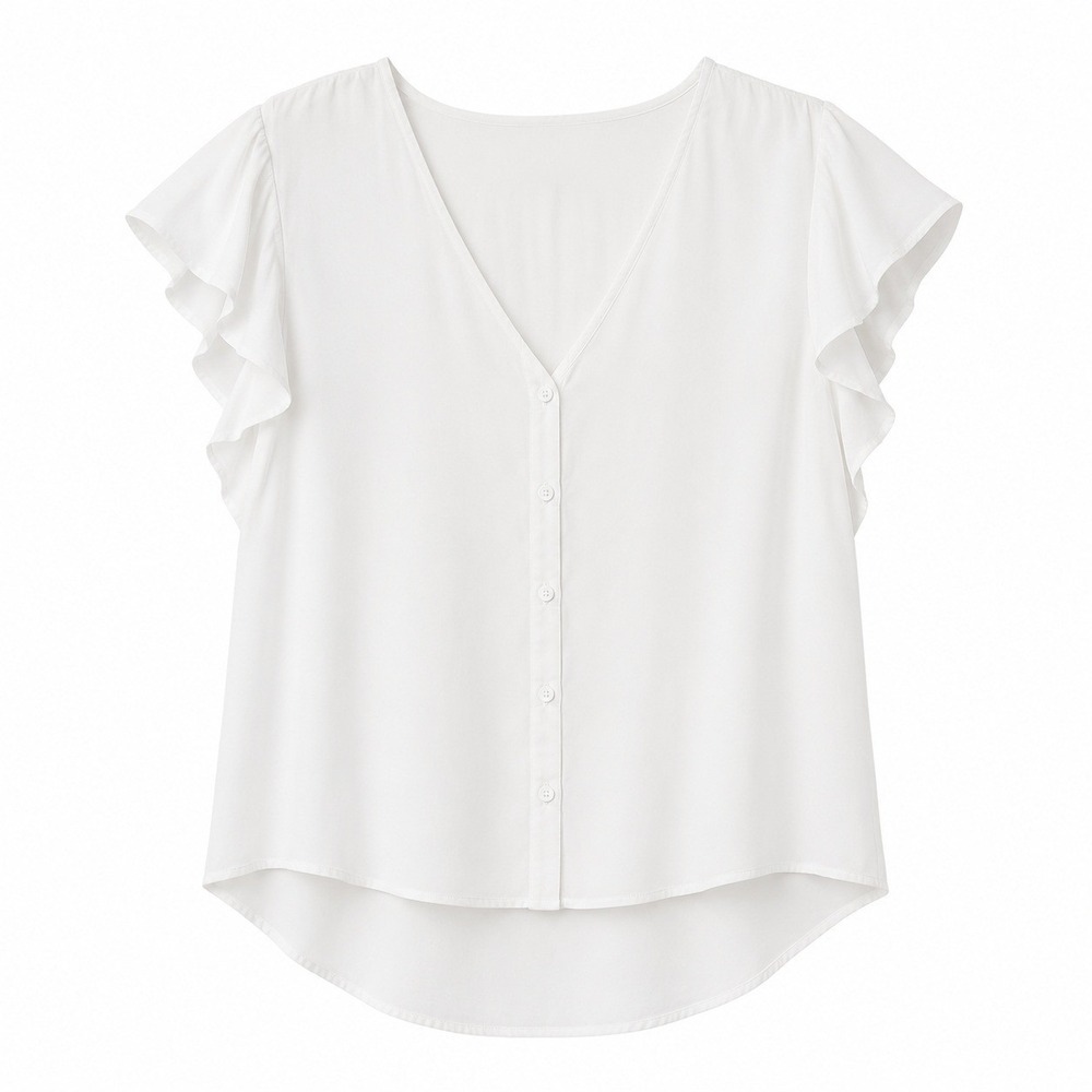 Les Serein Womens White Lyocell Flutter Sleeve Button Down V-Neck Blouse‎ XXL